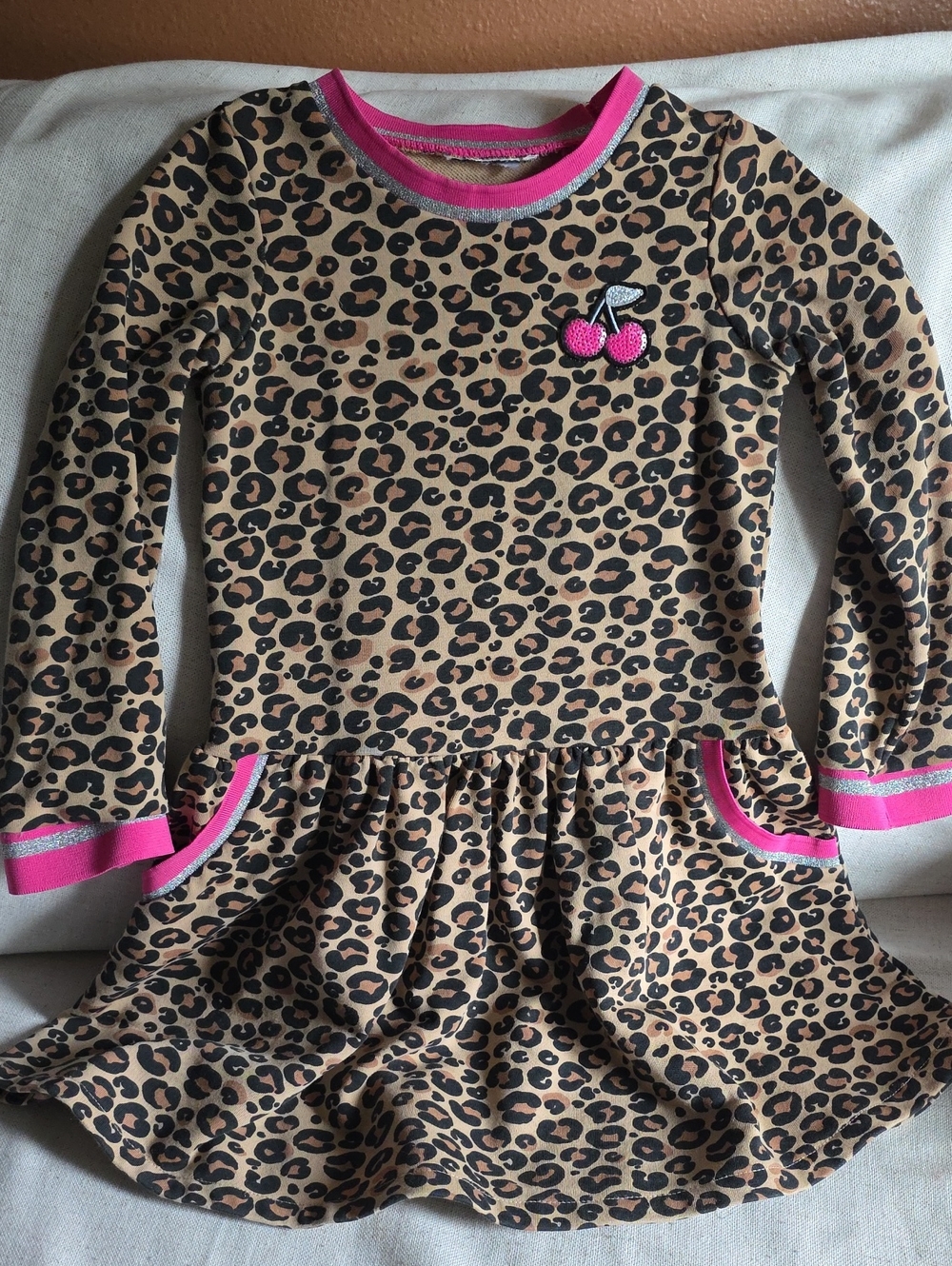 Girls' Leopard Print Dress: With Pink & Silver Trim On Cuffs, Neck And Pockets.